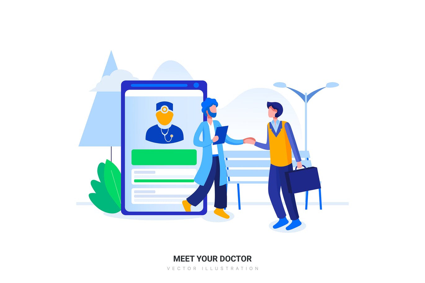 医患会面业务场景扁平化矢量插画素材 Meet your Doctor Flat Illustration concept插图