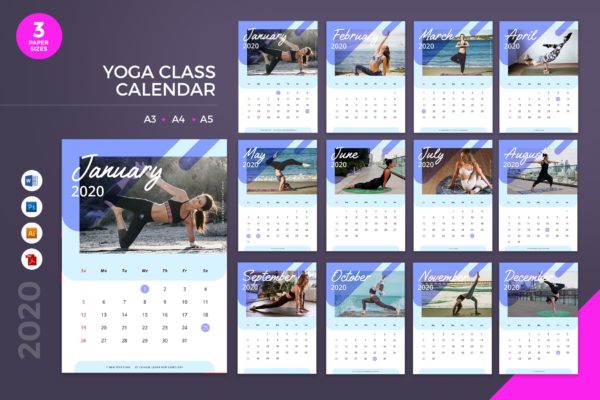 瑜伽馆定制2020年新年日历表设计模板 Yoga Class Calendar 2020 Calendar – AI, DOC, PSD