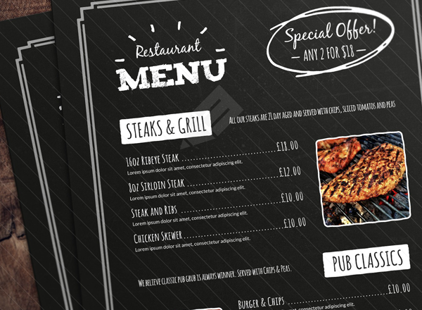 西餐厅菜单模板 Chalkboard Restaurant Menu Template