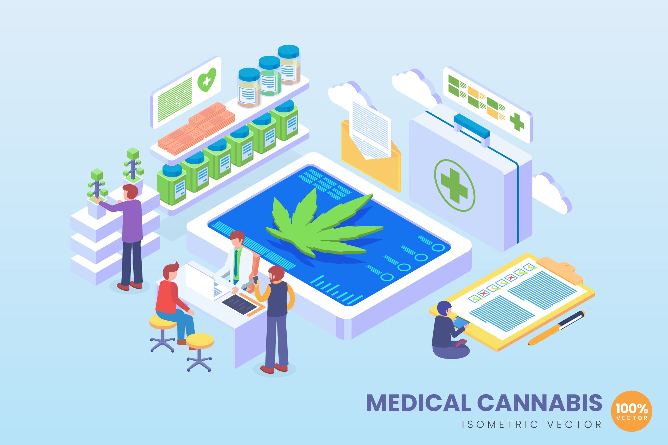 医学大麻应用场景2.5D矢量等距概念插画 Isometric Medical Cannabis Vector Concept插图