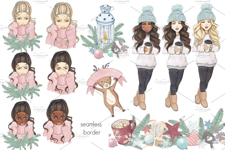 冬季圣诞节主题手绘插画套装 Winter Christmas Hand-painted Kit插图(2)