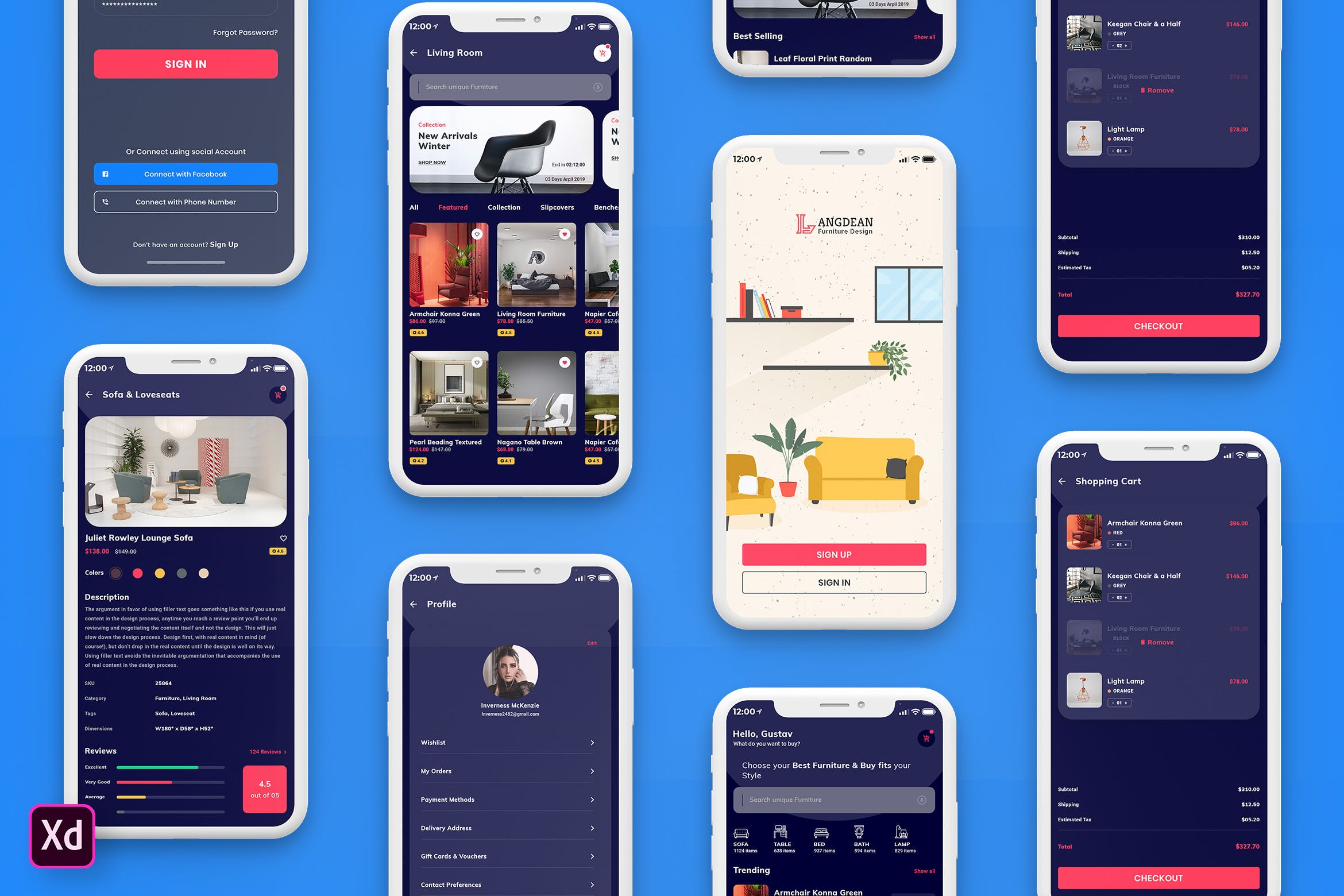 现代家具设计品牌电商APP应用UI设计套件[夜间模式版] Furniture Mobile App UI Kit Dark Version (XD)插图