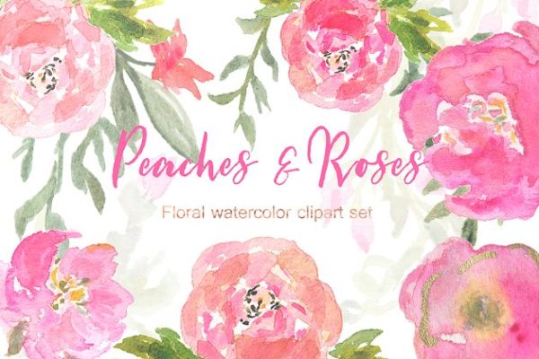 桃色和金色玫瑰水彩剪贴画 Peaches Roses and gold watercolor