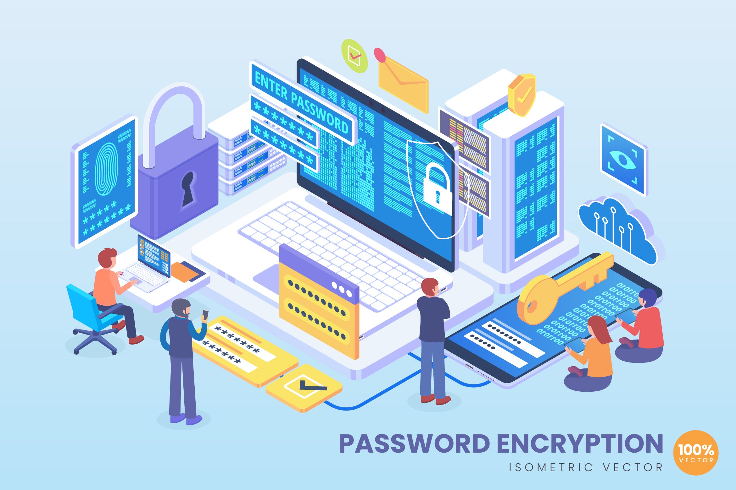 密码保护技术等距矢量科技素材库精选概念插画 Isometric Password Encryption Technology Vector插图