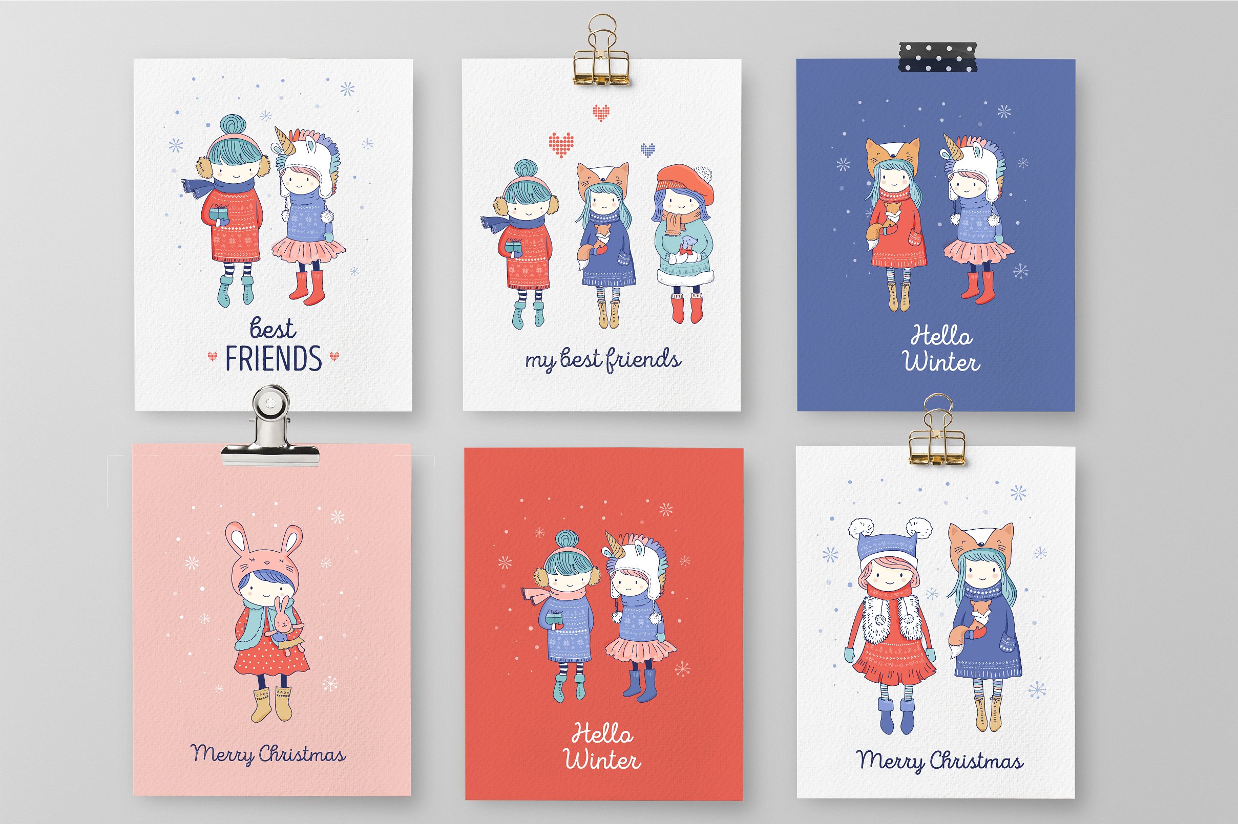 可爱的卡通冬装女孩手绘插画 Cold weather, Warm friendship插图(5)