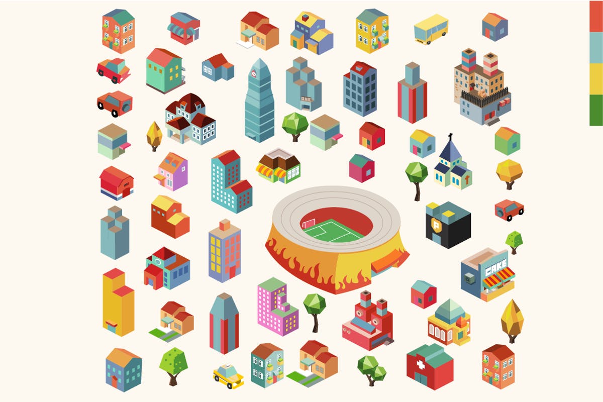 多彩等距城市场景矢量插画v1 Colorful vector isometric city插图