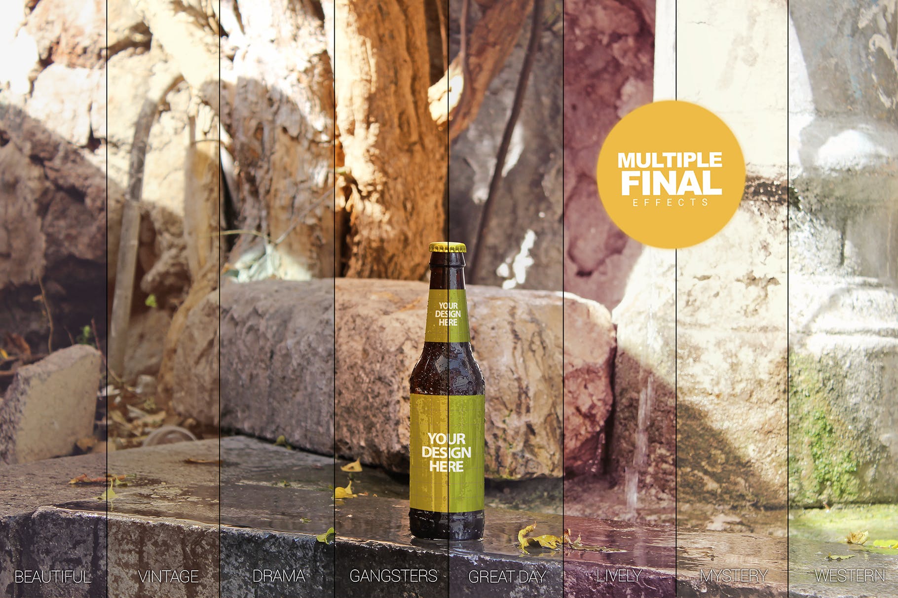 喷泉场景啤酒瓶外观设计样机模板 Fountain Beer Mockup插图(1)