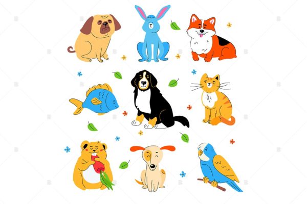 可爱卡通动物扁平设计风格矢量插画素材库精选 Cute pets – flat design style set of characters