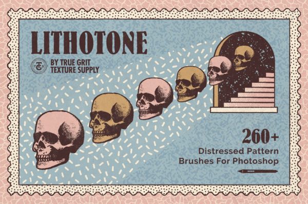 70年代转印凹模样板图案纹理&amp;PS笔刷套装 LITHOTONE Distressed Pattern Brushes