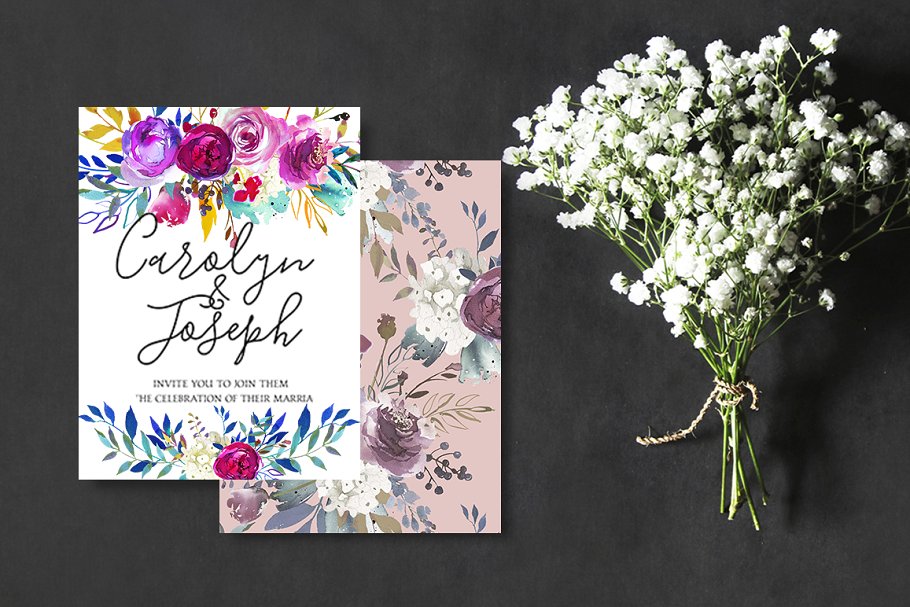 靛蓝粉红水彩花卉剪贴画 Indigo Pink Teal Watercolor Florals插图(10)