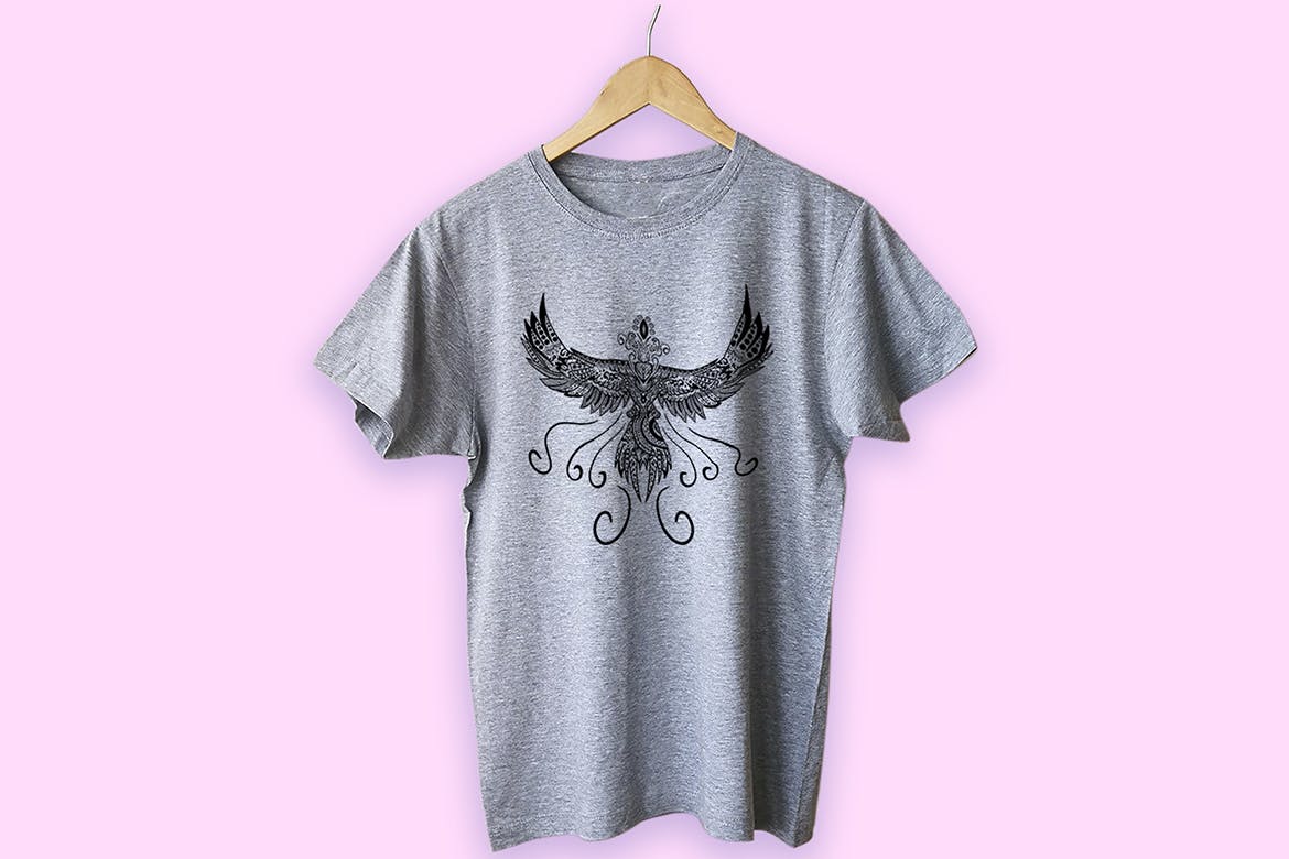 凤凰-曼陀罗花手绘T恤印花图案设计矢量插画素材库精选素材 Phoenix Mandala T-shirt Design Vector Illustration插图(3)