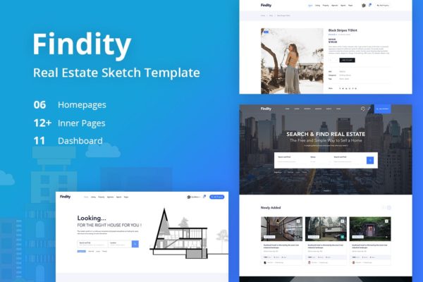 房地产销售租赁中介网站界面设计SKETCH模板 Findity – Real Estate Template