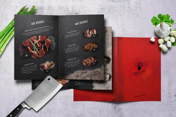 对折页食谱菜单暗黑料理模板 There’s no Hell Bifold A4 &amp; US Letter Menu