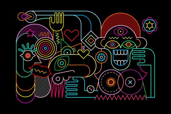 创意彩色线条艺术闺中密友矢量插画素材 Surprised Woman with Her Crazy Friends vector art