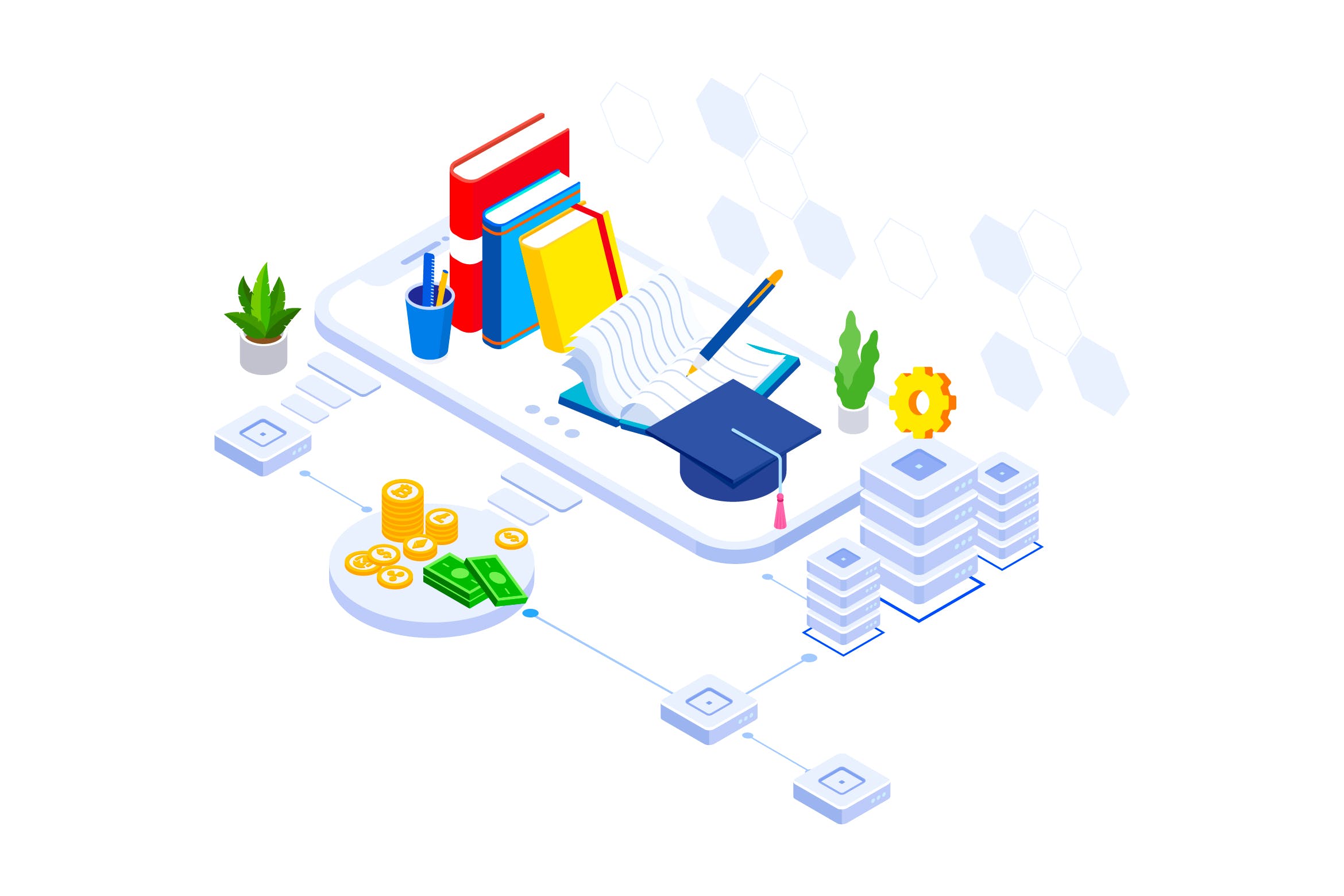 教育基金区块链平台等距概念插画v3 Education Fund Blockchain Platform Isometric – FV插图
