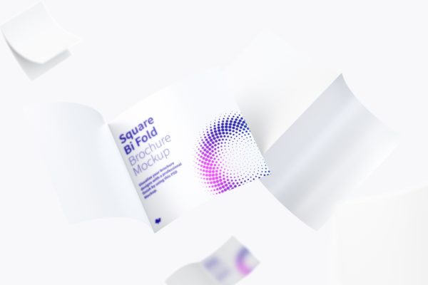 5K高清分辨率双折页尺寸方形传单设计样机模板 Square Bi Fold Brochure Mockup, Floating 5K