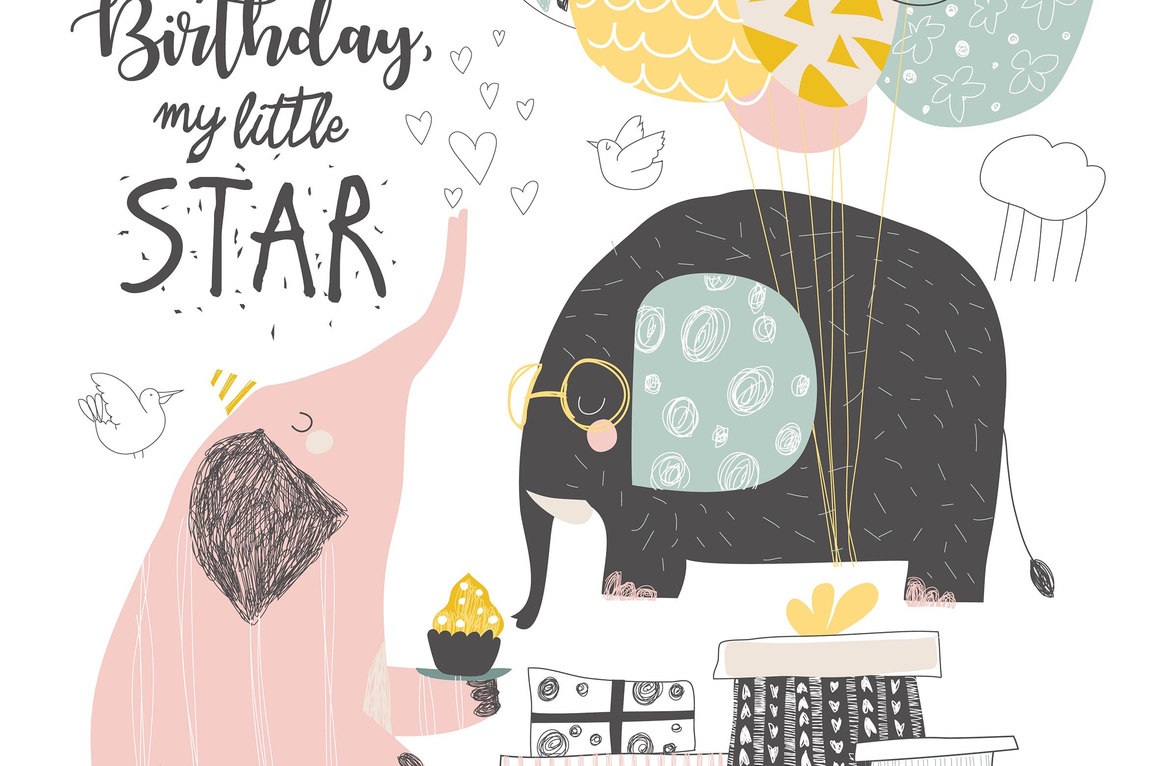 可爱大象手绘插画生日贺卡设计模板 Vector Greeting Birthday card with cute elephants插图