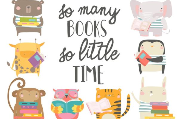 卡通动物阅读场景矢量插画素材 Vector set of cartoon animals reading books