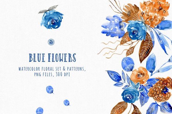 蓝色手绘水彩花卉插画合集 Blue Flowers