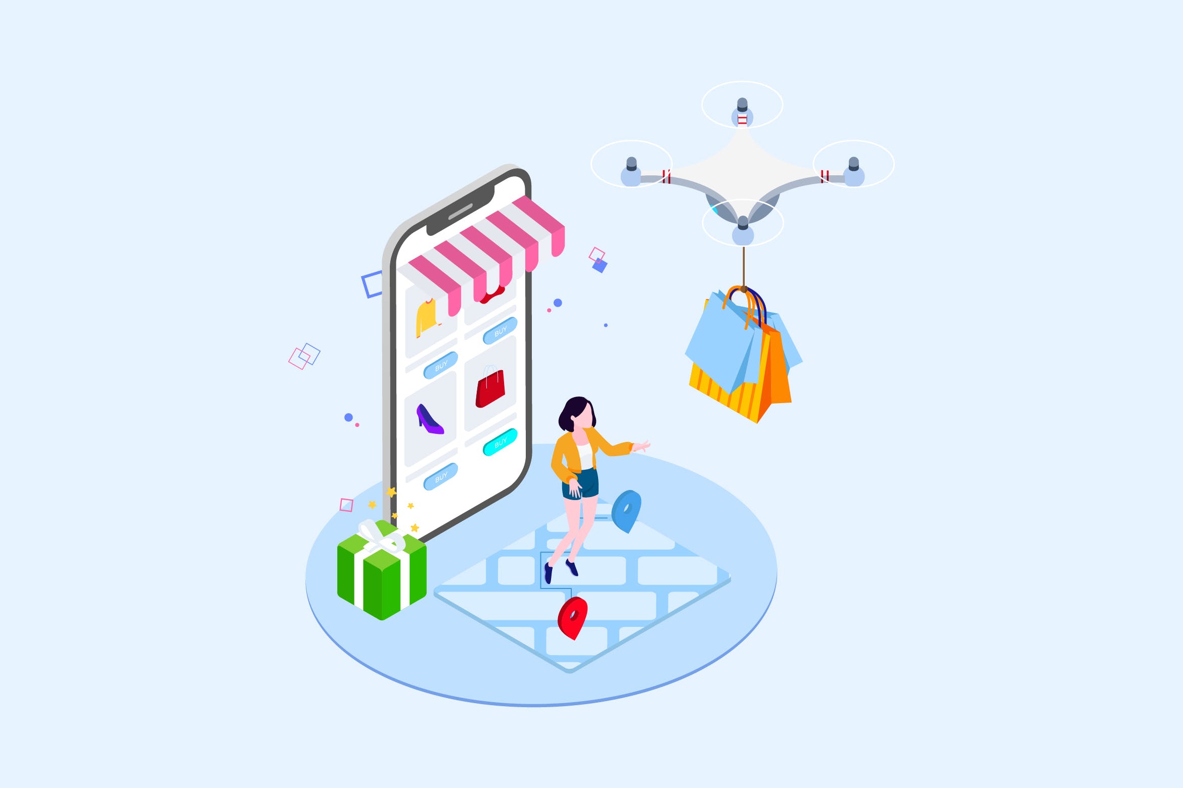 无人机快递派送场景等距概念插画v1 Drones Delivery Isometric Illustration – T2插图