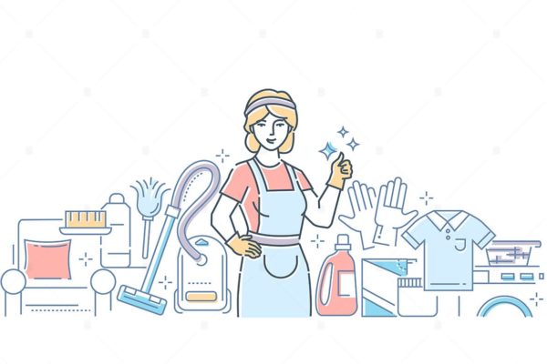 清洁家政服务主题线条艺术风格矢量插画素材库精选 Cleaning service – line design style illustration