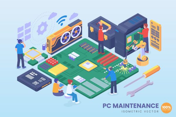 服务器维护/运维主题等距素材库精选概念插画 Isometric PC Maintenance Vector Concept