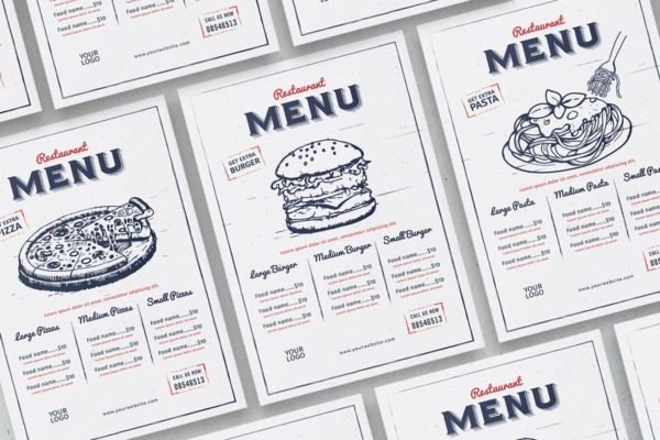 复古素描插画设计风格餐厅菜单设计模板素材 Vintage Restaurant Menu