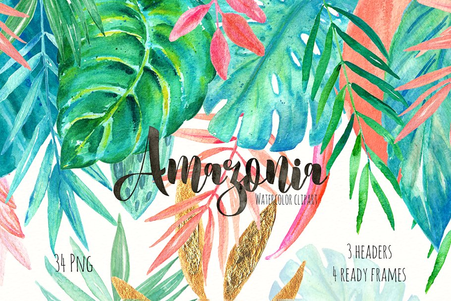 亚马逊热带雨林树叶金色水彩剪贴画 Tropical leaves Amazonia gold clipat插图