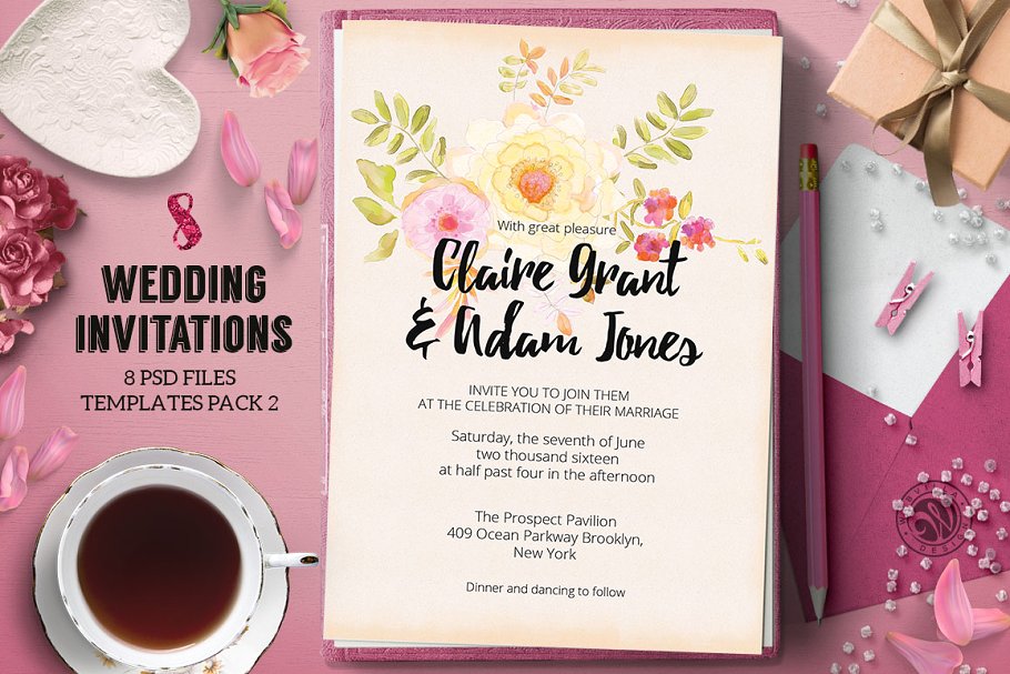 8款粉色少女元素婚礼邀请函模板 8 Wedding Invitations Pack 2插图