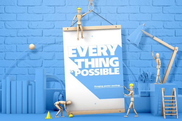 木偶悬挂海报场景海报效果图样机素材库精选模板 Hanging Poster With Wooden Men Mockup