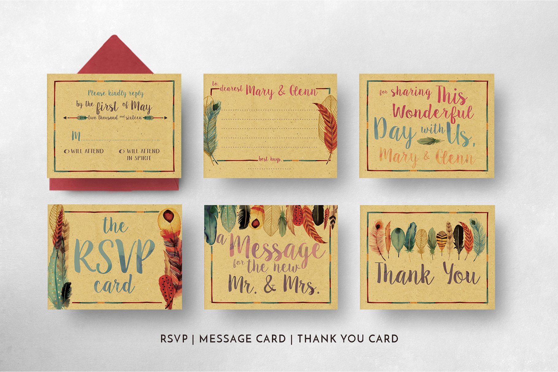 羽毛水彩婚纱邀请卡模板 Feather Watercolor Wedding Suite插图(5)