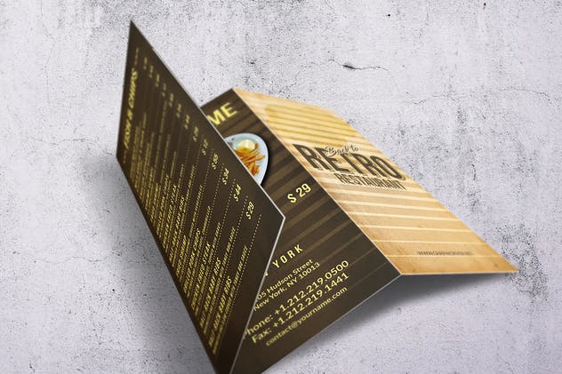 80年代复古三折页西餐厅菜单模板 80’s Retro Trifold A4 & US Letter Menu插图(1)