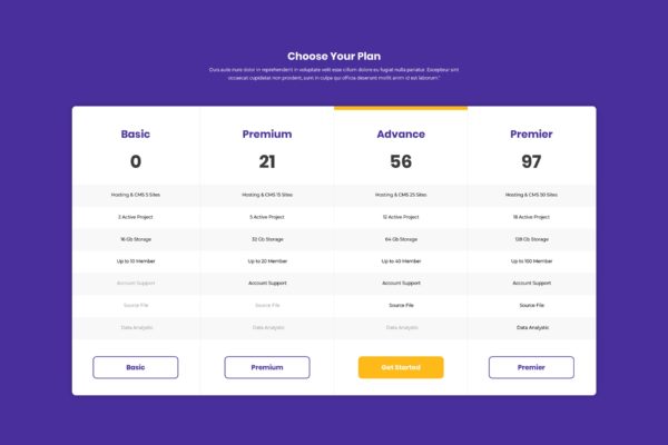服务器提供商多套餐对比价格表单UI设计模板 Pricing Table
