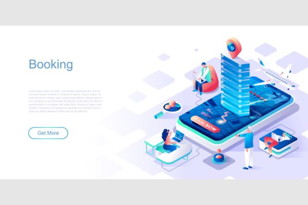 在线出行预订主题网站设计等距素材库精选概念插画 Booking Isometric Flat Concept Header