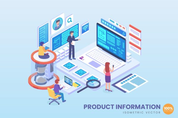 产品质量追溯系统等距矢量科技素材库精选概念插画 Isometric Product Information Vector Concept