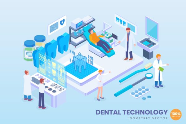 现代牙科技术等距矢量科技素材库精选概念插画 Isometric Dental Technology Vector Concept
