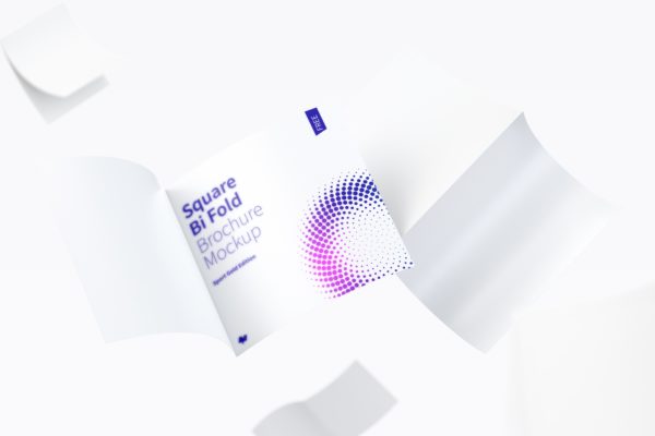 漂浮的方形对折小册子传单设计预览免费样机模板 FREE Square Bi Fold Brochure Mockup, Floating 3K