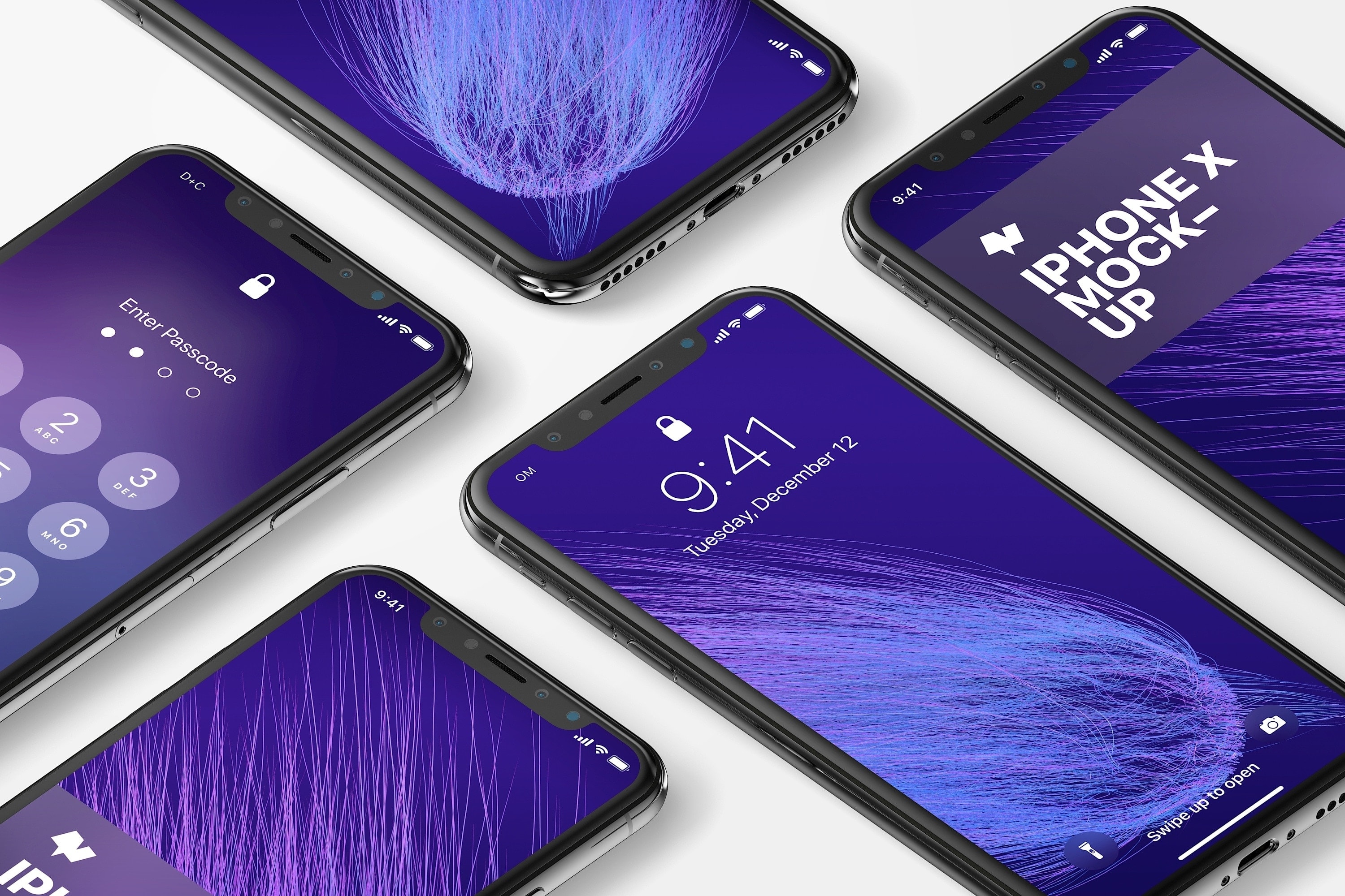 iPhone X多屏幕平铺视角手机应用UI设计效果预览样机07 iPhone X Mockup 07插图