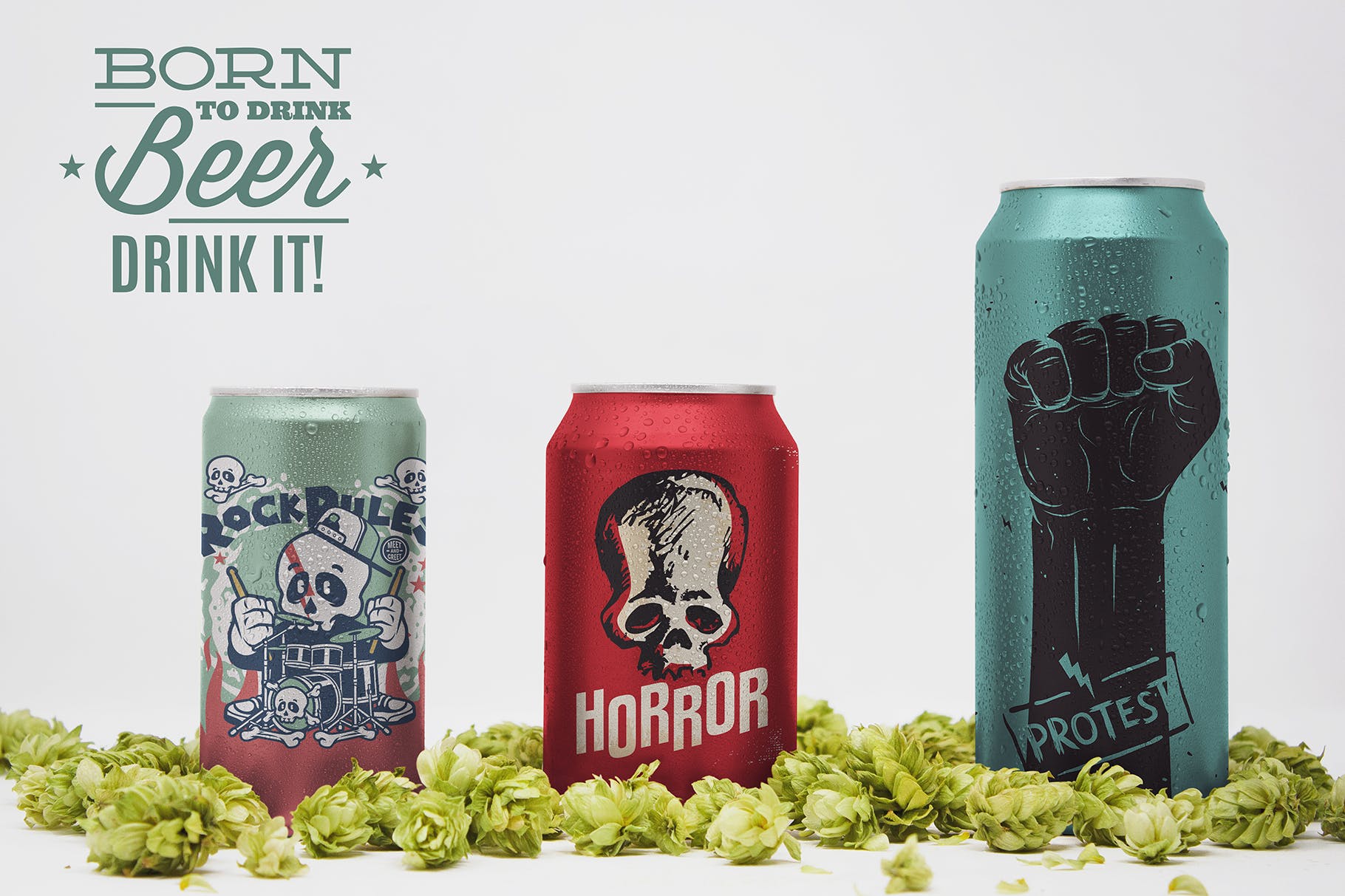 三种不同Size啤酒易拉罐外观设计图素材库精选 Front Beer Can Trio Mockup插图(1)