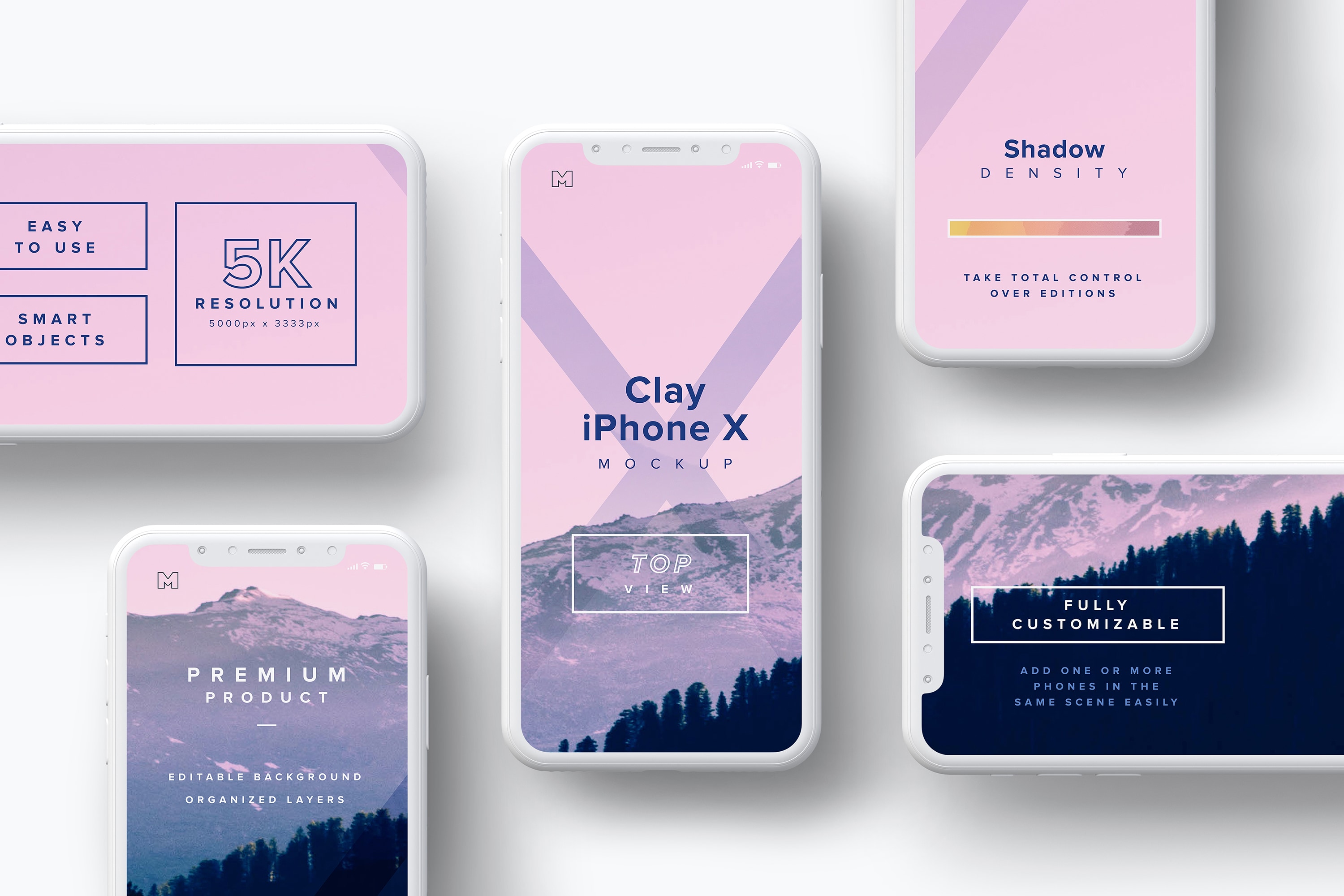 iPhone X智能手机屏幕界面设计多屏预览效果等距网格样机08 Clay iPhone X Mockup 08插图