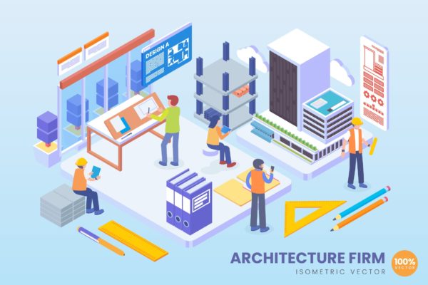 现代建筑技术等距矢量科技素材库精选概念插画 Isometric Architecture Firm Vector Concept