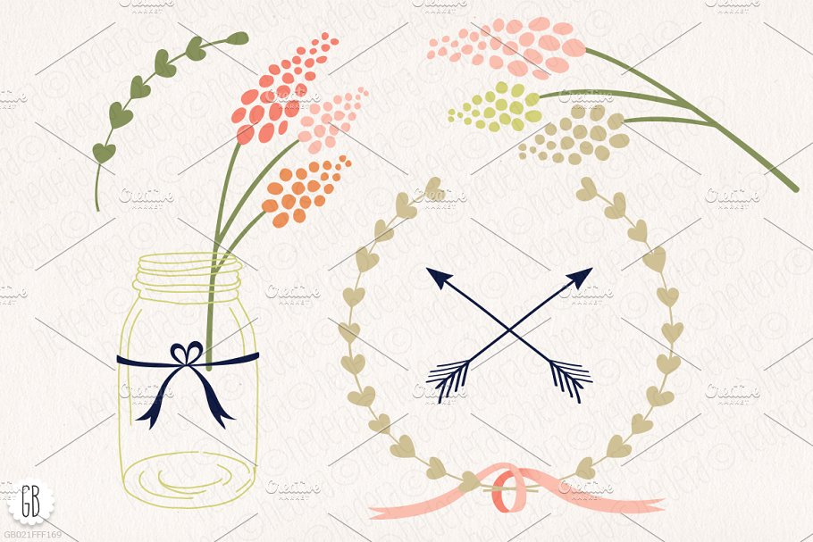 花框、插花&花水彩插画元素 Floral frames, mason jars, flowers插图(4)