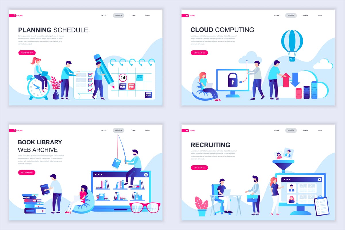 扁平设计风格场景概念插画网站着陆页设计模板v4 Set of Landing Page Templates Flat Concept插图