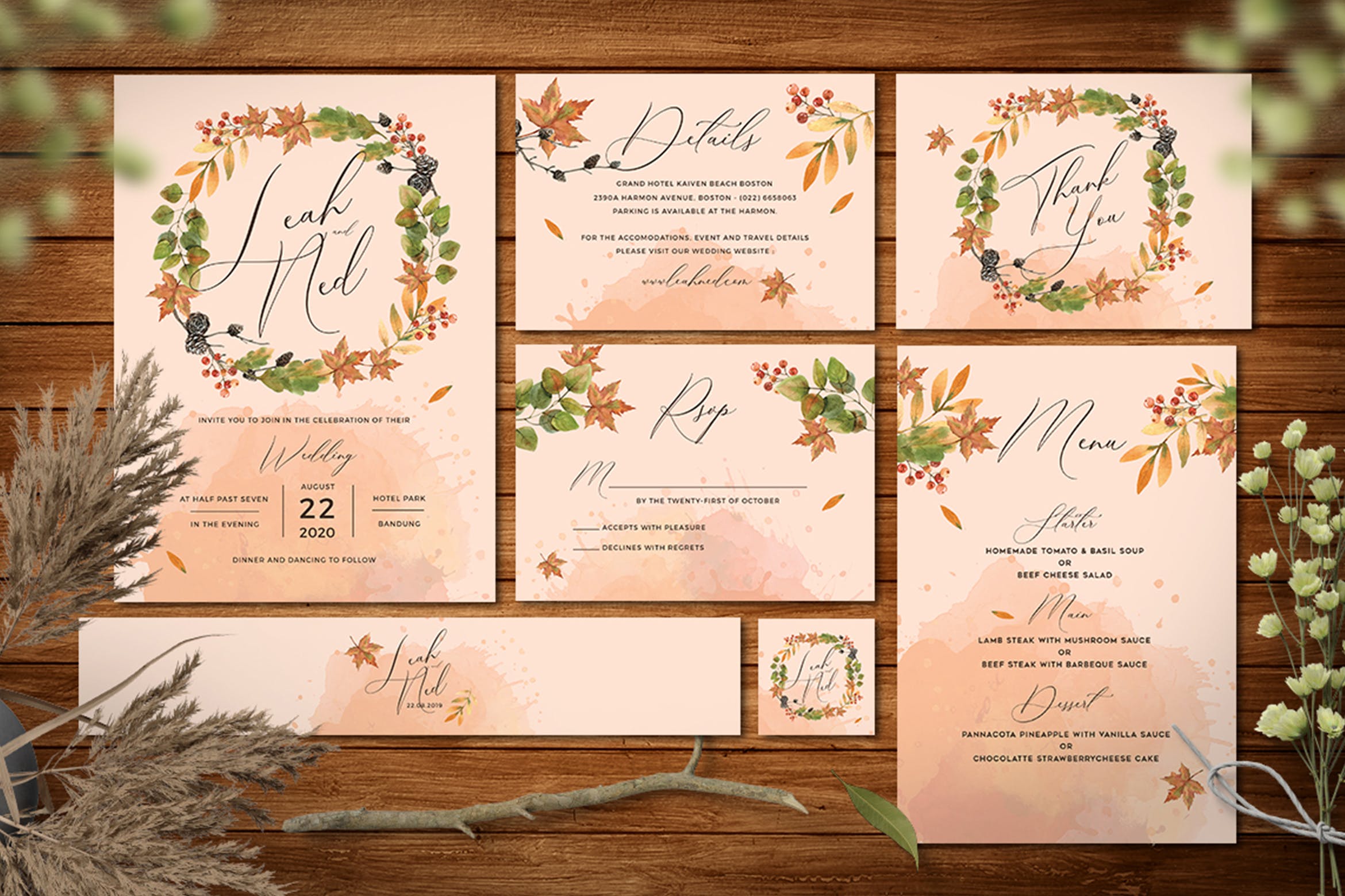 秋意盎然婚礼邀请函设计模板素材套装 Autumn Wedding Invitation插图