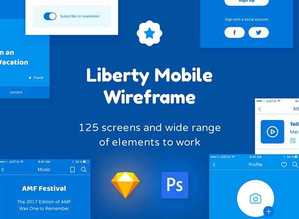 手机应用设计线框图套件 Liberty Mobile Wireframe Kit [ for Sketch &amp;Photoshop]