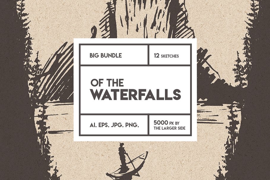 美丽瀑布素描矢量图形 Beautiful waterfalls, sketch style插图