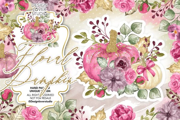 南瓜&amp;花卉水彩剪贴画素材 Watercolor “Floral Pumpkin 2” clip arts