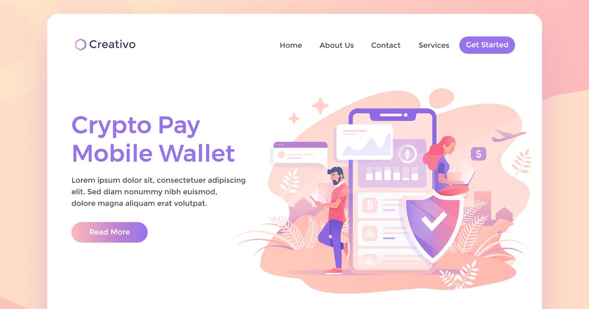 手机钱包加密支付场景插画网站着陆页模板 Crypto Pay Mobile, Currency Wallet Landing Page插图