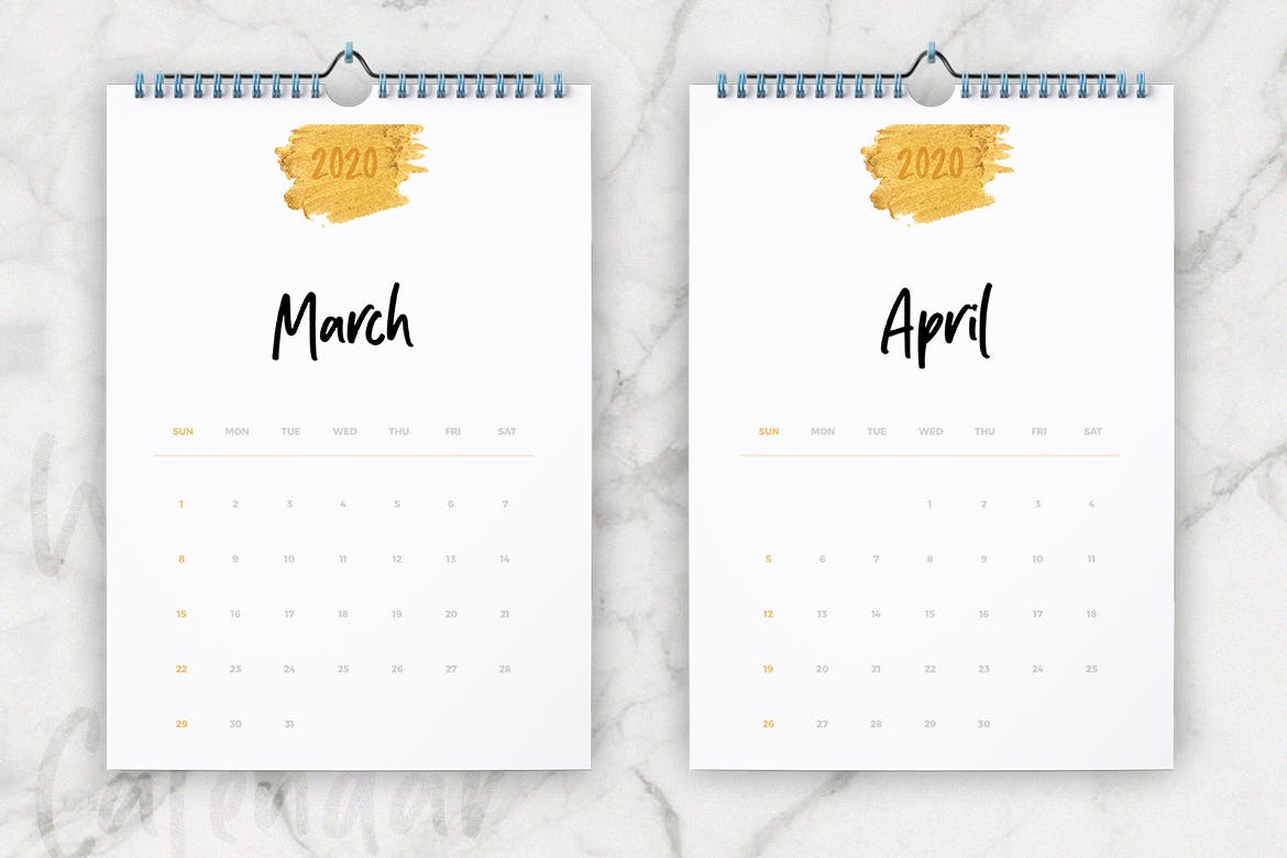 2020年超简约版式活页翻页日历设计模板 Wall Calendar 2020 Layout插图(2)