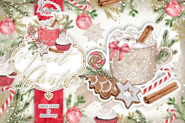 甜蜜圣诞节水彩手绘图案PNG素材 Sweet Christmas design